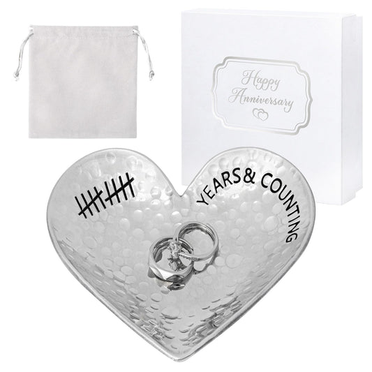 CEELGON 10 Year Wedding Anniversary Tin Gifts 10th Gifts Heart Jewelry Tray Engraved Aluminum Decorative Dish for Couple Him or Her