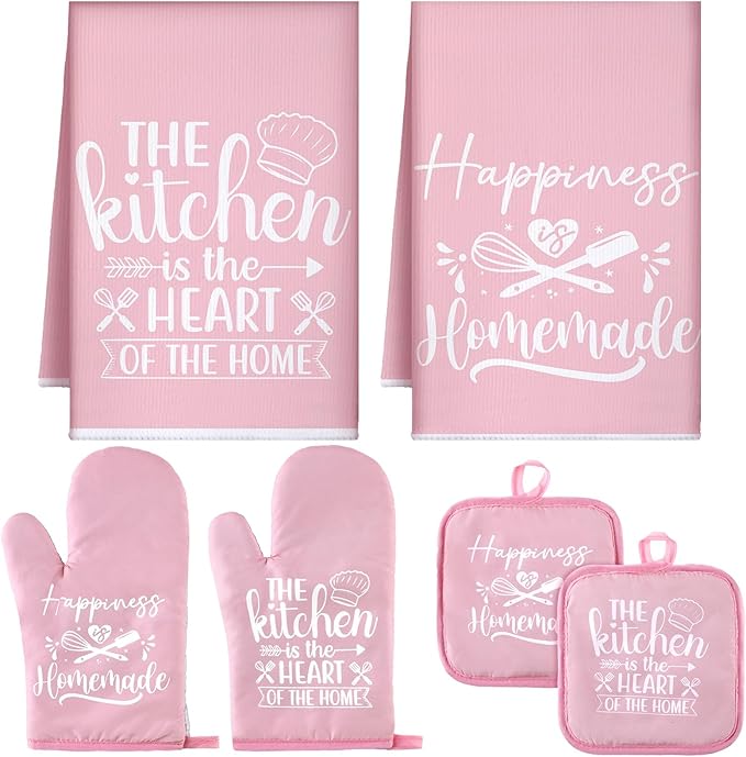 Sratte 6 Pcs Kitchen Decor Accessories Set Farmhouse Towels Pot Holders Oven Mitts Set 2 Dish Towels 2 Potholders 2 Cooking Mittens Oven Glove for Christmas Baking Cooking Supply(Pink,Kitchen)