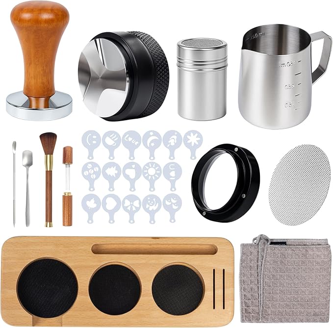28PCS Espresso Accessories Kit,54mm Espresso Tamper Tools,Includes Wood Station,Distributor,Stirrer,Dosing Funnel,Brush,Puck Screen,Frothing Pitcher,Latte Pen,Powder Ring,Towel,Decorative Stencils