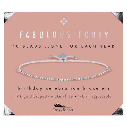 Lucky Feather 40th Birthday Gifts for Women, Sterling Silver Dipped Beads Bracelet on Adjustable 7"- 8" Cord - Perfect 40th Birthday Gift Ideas for Her (silver-plated-base)