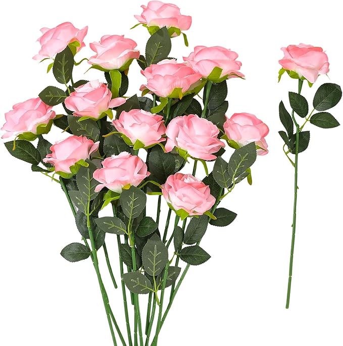 32 Pcs Light Pink Artificial Flowers Bulk, 20" Silk Gradient Blush Pink Real Touch Roses for DIY Wedding Bridal Bouquets, Centerpieces, Home Decor