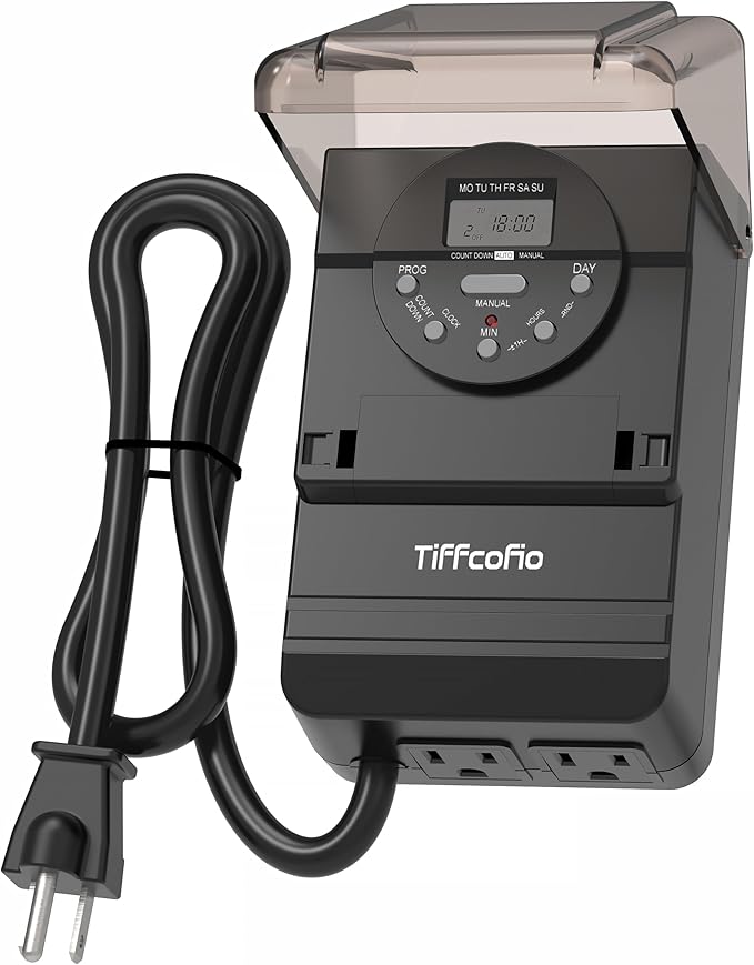 TiFFCOFiO Outdoor Digital Light Timer Outlet, 7 Day Programmable Plug in Timers for Electrical Outlets, 2 Grounded Outlets for Outdoor Lightings, ETL Listed