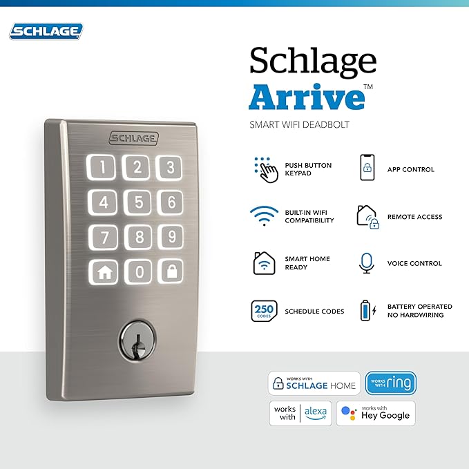 Schlage Arrive WiFi Deadbolt Smart Lock, Keyless Entry Door Lock with Century Trim, Satin Nickel, Compatible with Alexa and Google, BE459WB CEN 619