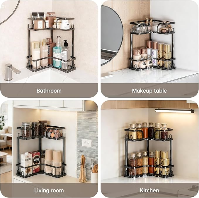 2-Tier Corner Bathroom Counter Organizer, Space Saving Black Vanity Countertop Shelf for Toiletries, Skincare & Makeup, Sturdy Stainless Steel Standing Rack for Bathroom Storage & Kitchen Spices
