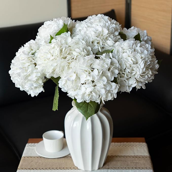 4PCS Artificial Flowers Large Hydrangeas Flowers Latex Bouquet for Wedding Bridal Office Home Party Decoration (4Pcs White)