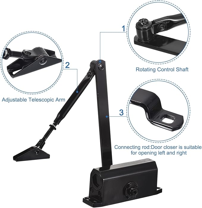 MECCANIXITY Door Closer Automatic Door Closer for 25-65kg Outdoor Internal Metal Wooden Doors,180D Spring Hydraulic Auto Door-Closer Automatic Adjustable Closer(Black,Aluminum)