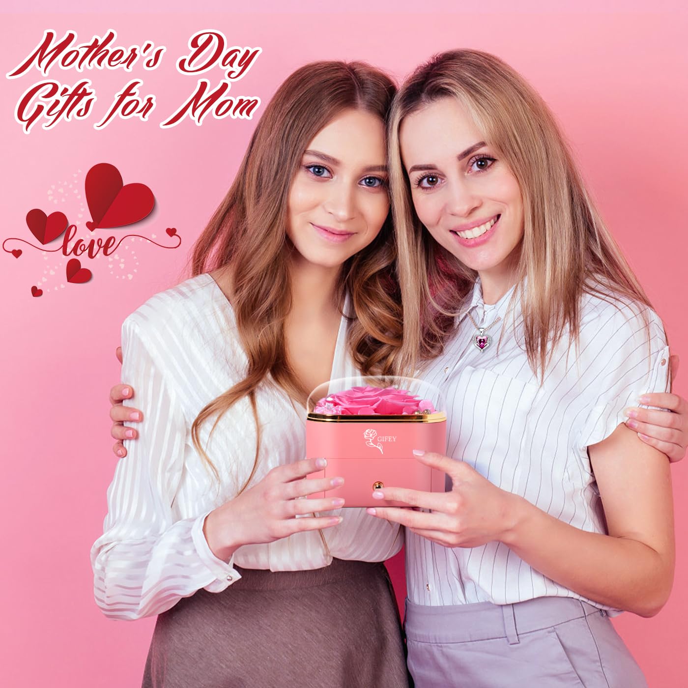 Mothers Day Rose Gifts for Mom,Preserved Real Rose with Necklace Eternal Flowers Pink Rose Gifts for Mom Grandma Her Wife Girlfreind on Mothers DayValentines Day Anniversary Birthday Gifts (Pink)