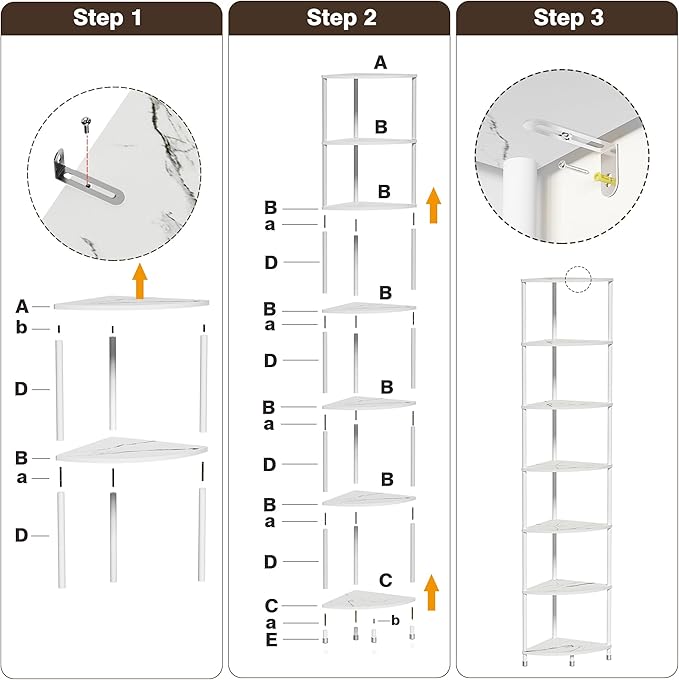 7 Tier Corner Shelf Stand Kitchen Organizer with Metal Frame for Organization & Storage Corner Shelves Kitchen Decor Accessories Marble White 64.7"