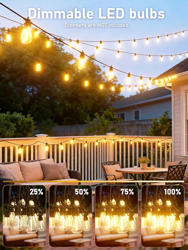 150FT LED Outdoor String Lights With 45 Edison Shatterproof IP65 Waterproof Bulbs, 2700K Dimmable Commercial Grade Patio Lighting, Heavy Duty Outside Hanging for Garden Porch Deck Decor