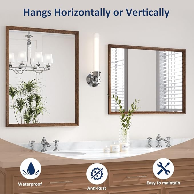 WEER Bathroom Mirror, 22x30 Inch Wall Mirror, Walnut Wood Grain Framed Mirror, Rectangle Vanity Mirror, Tempered Glass, Anti-Rust, Hangs Horizontally or Vertically