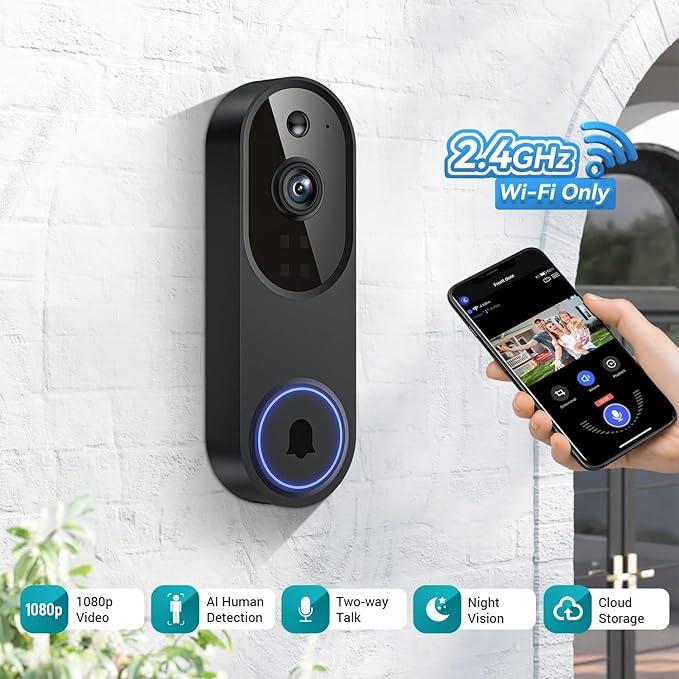 1080p Smart Video Doorbell Camera Wireless, Doorbell Receiver Included, Live View, AI Human Detection, 2.4G WiFi, Night Vision, Cloud Storage, Battery Powered, Indoor Outdoor Surveillance