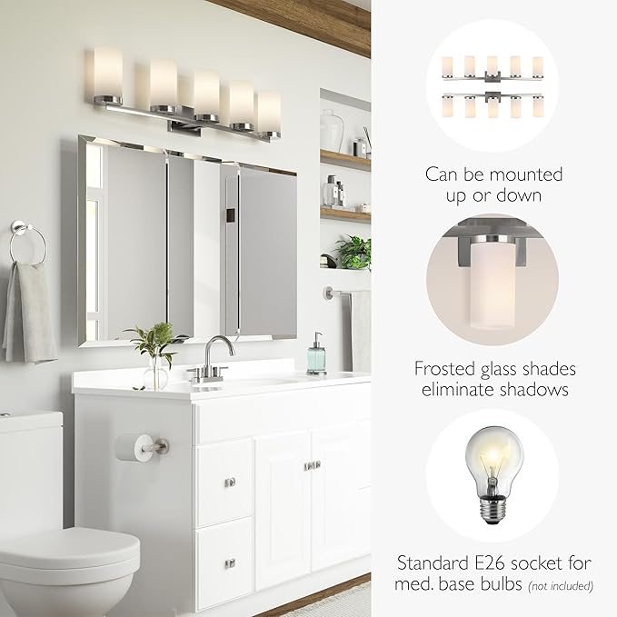 Design House Desta Vanity Light, 5-Light, Curved Bar Design, Frosted Glass Glow, Dimmable, Up/Down Mountable, E26 Socket, Satin Nickel, 38.6 in L x 6.9 in W x 9.5 in H, 589176-SN