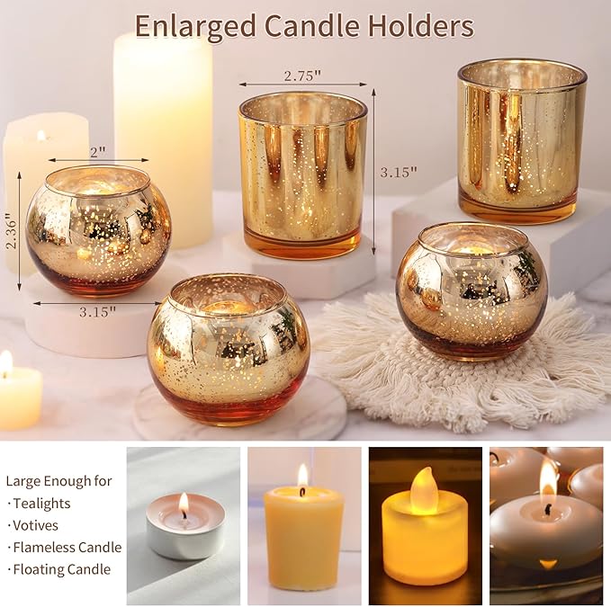 10 Pcs Assorted Gold Votive Candle Holders, Larger Size Mercury Glass Votives with Round Candle Holder for Wedding Decorations, Gold Tealight Candle Holder for Party Table Centerpieces