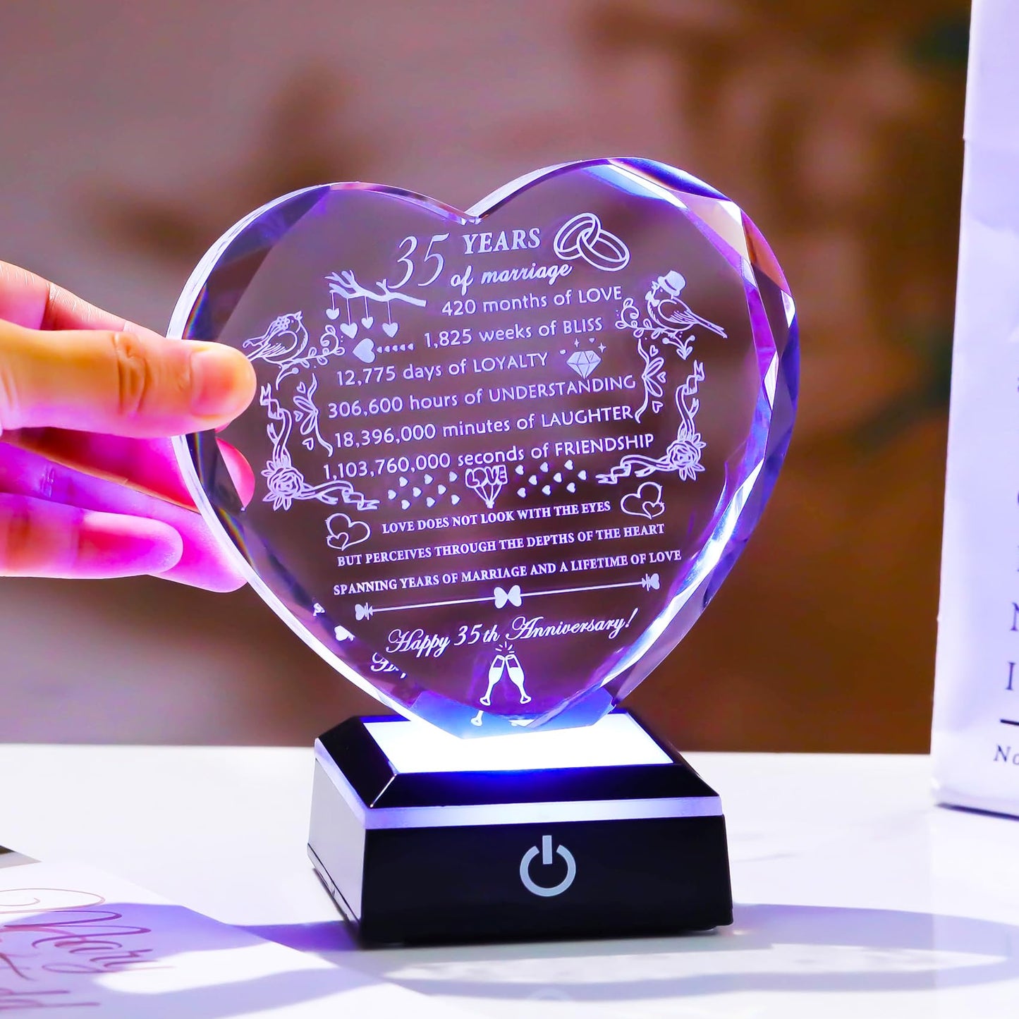 YWHL 35th Wedding Anniversary Crystal Gifts with LED Base Laser Engraved 35th Anniversary Heart Keepsake Gift for Couples Parents Romantic 35 Years of Anniversary Marriage Gifts for Wife Husband