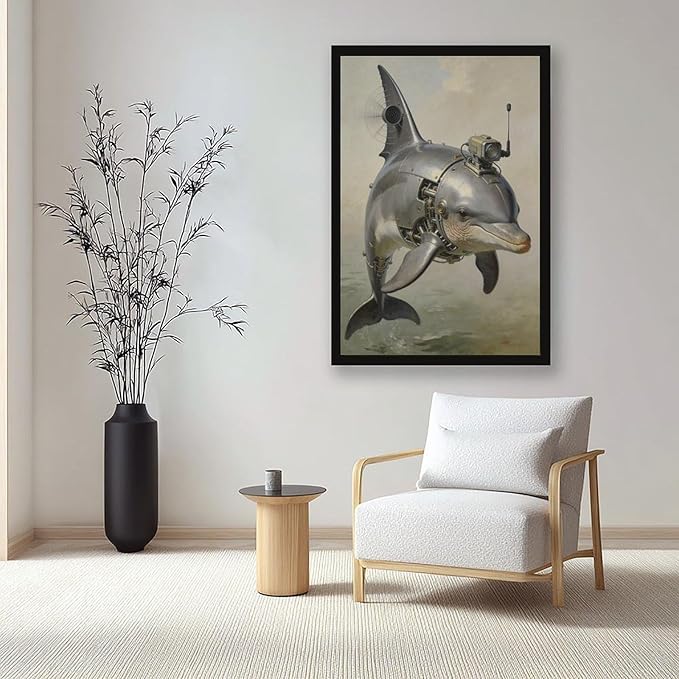 Framed Steampunk Mechanical Dolphin Wall Art - Marine Retro-Futuristic Poster for Beach House Living Room Decor 12x18in