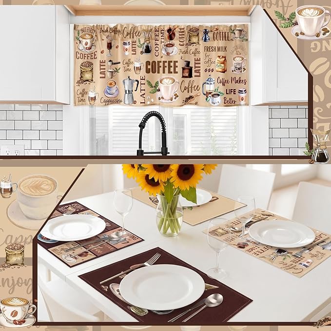Fourluoo 16 Pcs Coffee Kitchen Decor and Accessories Set Coffee Brown Kitchen Towel and Dishcloth Non Slip Rug Mat for Floor Farmhouse Oven Mitt and Pot Holder Curtain Set for Home Decoration Gift