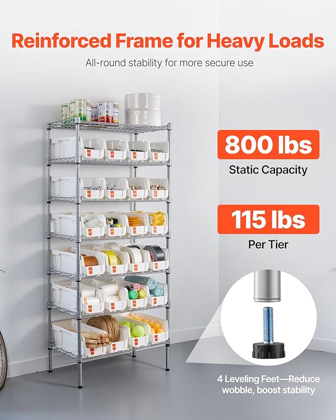 VEVOR 7-Tier Rolling Bin Storage Rack, 24 Small Bins, Bin Rack Storage Steel Wire Shelving System with Wheels, Mobile Tool Organizer for Garage, Warehouse, Office, Restaurant, Classroom, Kitchen