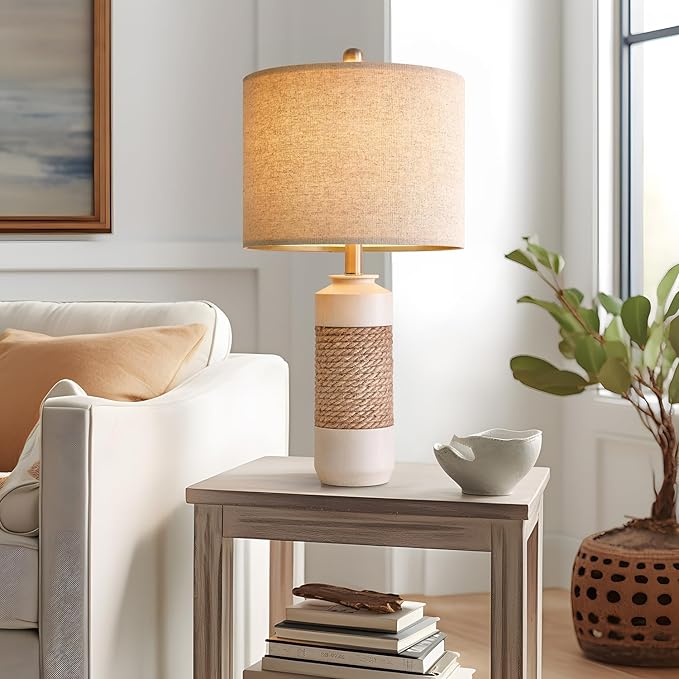OYEARS 23.75" Bedside Table Lamps Set of 2 for Sleeping and Reading, Vintage Farmhouse Rattan Table Lamp Antique White Resin Lamp for Decoration, Office Living Room Bedside Table
