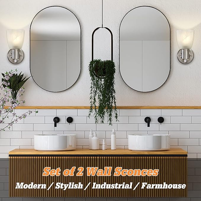 Wall Sconces Set of 2, Brushed Nickel Vanity Lights for Bathroom, Modern Wall Light Fixtures with Rotary Switch, Wall Mount Light with Frosted Glass, Farmhouse Lamp for Bedroom Living Room