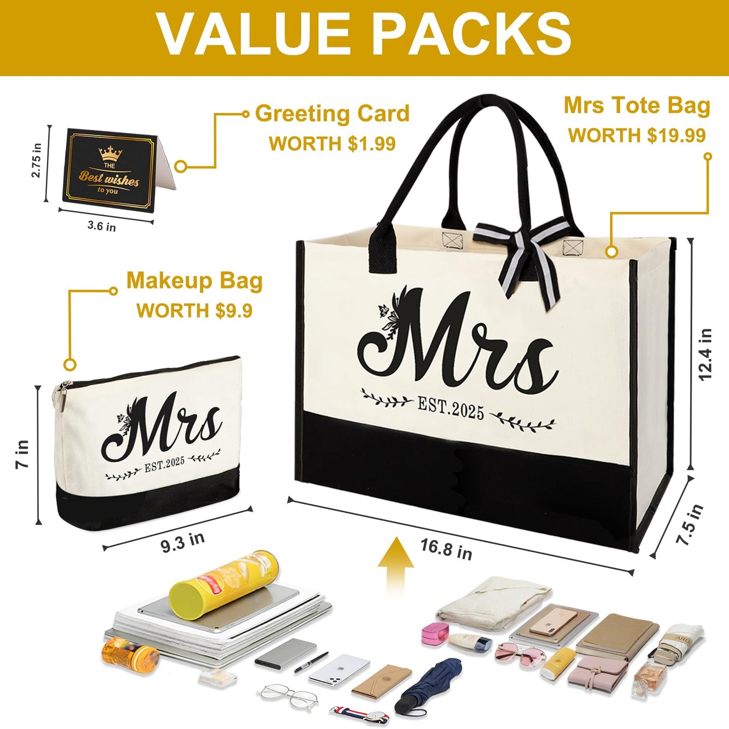 Vanqruo Mrs 2025 Bride Canvas Tote Bag with Makeup Bag, Wedding Gifts for Bridal Shower Bachelorette Party Engagement Honeymoon, Miss to Mrs, Bride to Be Gifts