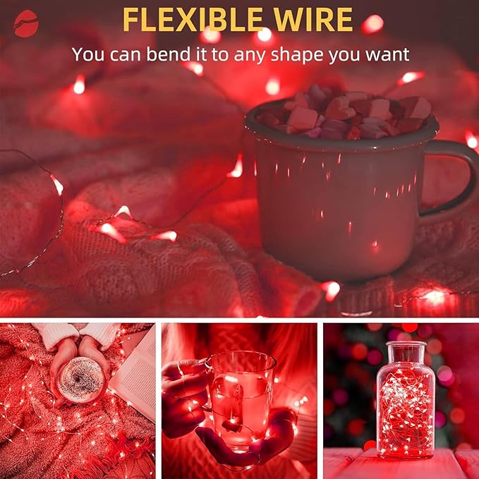 LAMPHOME 6 Pack Red Valentine's Fairy Lights Battery Operated (Included), 7 ft 20 LED Mini String Lights, Waterproof Silver Wire Firefly Starry Light for DIY Wedding Party Mason Jars Decor