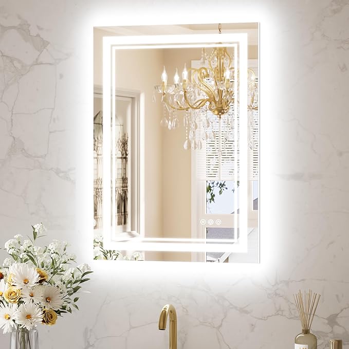 Keonjinn LED Mirror for Bathroom 22" x 30" with Frontlit and Backlit, Stepless 3 Colors Temperature & Dimmable Lighted Wall Mirror, Double LED Strips & UL Listed Driver, Anti Fog Mirrors with Light