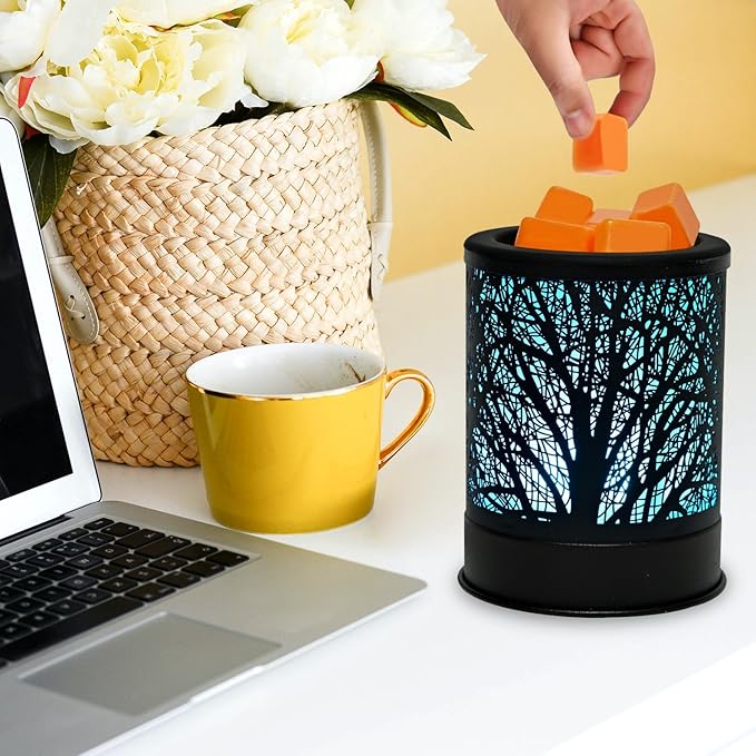 ASAWASA Metal Candle Wax Warmer,Wax Melt Warmer Candle Burner and Wax Melter with 7 Colorful Changing Lights & 1 Silicone Dishes for Office Home Decor(Colorful Tree)
