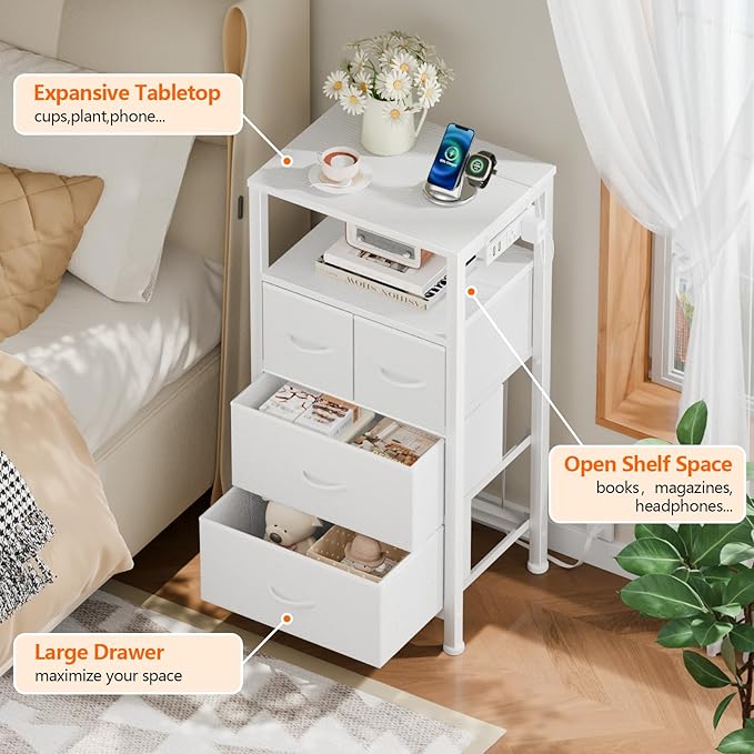 Furnulem 4 Drawer Dresser with Led Light and Charging Station, White Night Stand with Storage Shelf and Fabric & PVC Drawer, 33 Inch Bedside Table, Tall Nightstand for Entryway, Bedroom Furniture