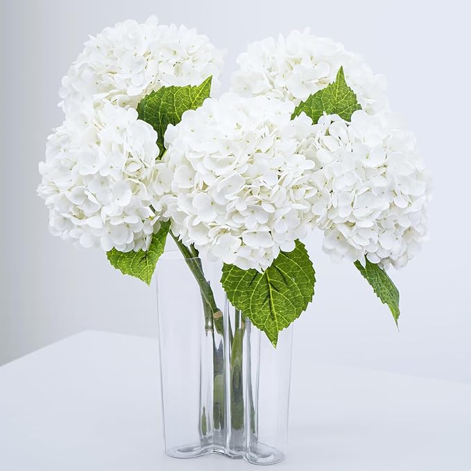 Waipfaru 21" Real Touch White Hydrangea Artificial Flowers with Long Stem & Leaves, Full Latex Faux Hydrangea Flowers for Home Decor Party Floral Arrangements Wedding Bouquets Centerpieces, 5Pcs