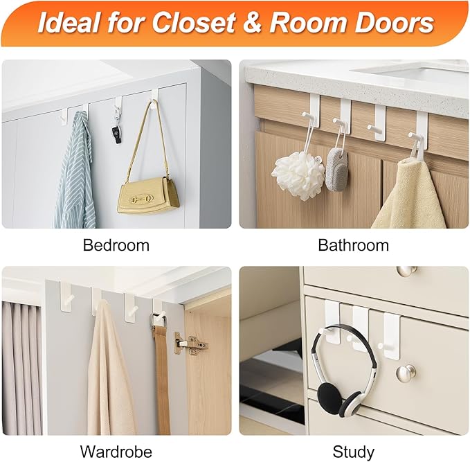 ARTOYS Over The Door Hooks (4 Pack) - Heavy Duty 20mm Wide Hangers for Thick Doors, Holds 50Lbs - EVA Foam Padded No-Scratch Hooks for Cabinets & Closets, White