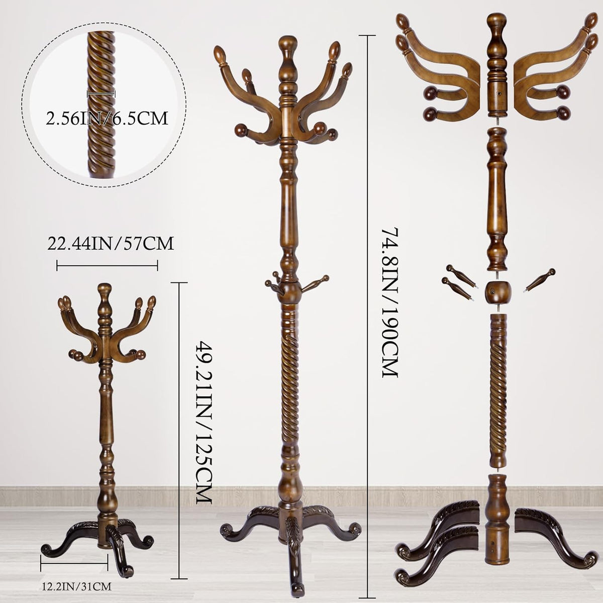 Coat Rack Stand, Solid Wooden Coat Tree with 11 Hooks, Heavy Duty Coat Rack Freestanding with Sturdy Round Base, Natural Birch Wood Coat Hanger Stand for Entryway Bedroom (brown Triangle)