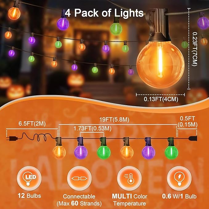 LAMPHOME Globe Outdoor Halloween String Lights, 4 Pack 26FT Patio Lights with 12+1 Edison Shatterproof Bulbs, Connectable Dimmable Waterproof for Backyard Porch Halloween Decor, Orange Green Purple