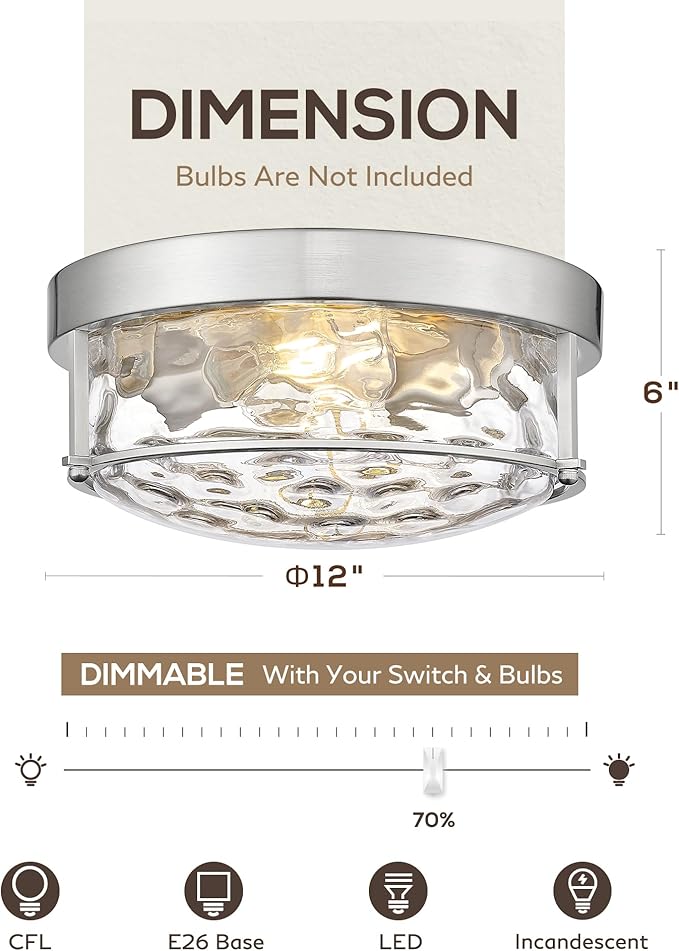 FEMILA Flush Mount Ceiling Light Fixture, 12" Brushed Nickel Ceiling Light, Water Ripple Glass, for Hallway, Living Room, Kitchen, Bedroom, E26 Base, 4FTJ22WG-F BN