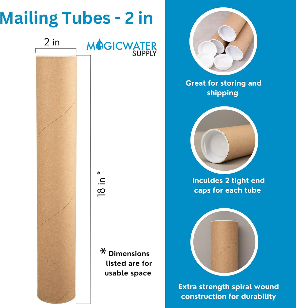 MagicWater Supply Mailing Tube - 2 in x 18 in - Kraft - 2 Pack - for Shipping and Storage of Posters, Arts, Crafts, and Documents