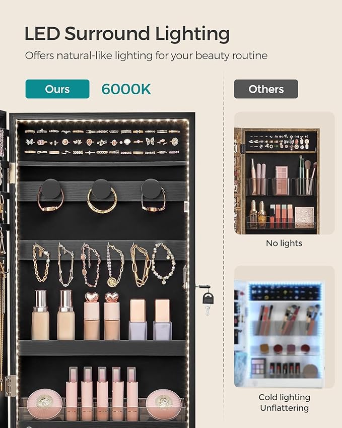 SONGMICS Mirror Jewelry Cabinet Armoire with Built-in LED Lights, Wall or Door Mounted Jewelry Storage Organizer, 3.8 x 14.6 x 26.4 Inches Hanging Mirror Cabinet, Gift Idea, Black UJJC050B01