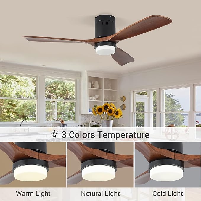 Ceiling Fans with Lights, 52" Wood Ceiling Fan with Remote Control, 3 Walnut Fan Blades Reversible Quiet DC Motor 6 Speeds Timing Farmhouse Ceiling Fan for Bedroom/Living Room/Study/Porch