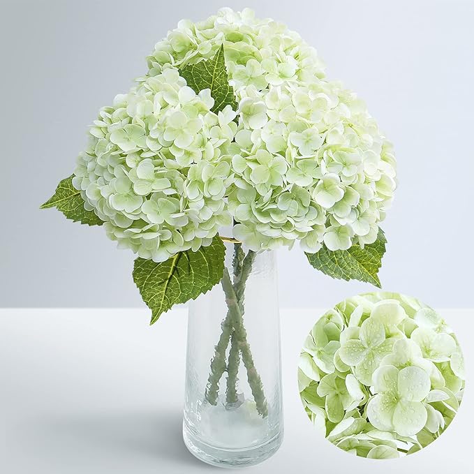 Waipfaru 21" Real Touch Hydrangea Artificial Flowers with Long Stem & Leaves, Full Latex Faux Hydrangea Flowers for Home Decor Party Floral Arrangements Wedding Bouquets Centerpieces, Green 3Pcs
