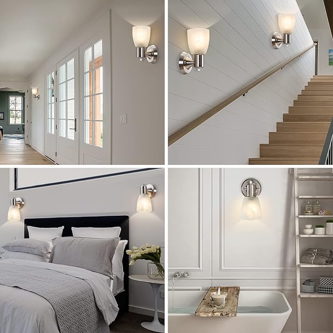 Wall Sconces Set of 2, Brushed Nickel Vanity Lights for Bathroom, Modern Wall Light Fixtures with Rotary Switch, Wall Mount Light with Frosted Glass, Farmhouse Lamp for Bedroom Living Room