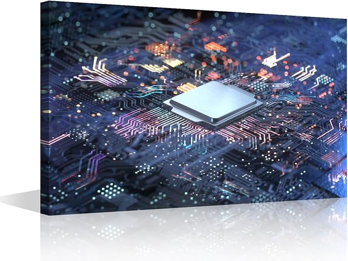 TUMOVO Computer Chip Wall Art for Bedroom CPU Concept Canvas Art Wall Decor Futuristic CPU Modern Wall Art Pictures for Living Room Artwork Paintings Giclee Framed Ready to Hang, 36x24in