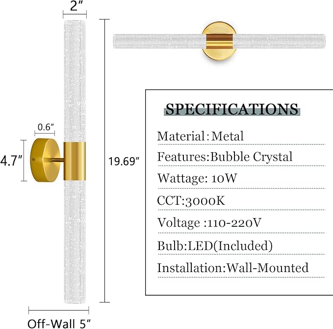 Wall Sconces LED Modern Sconces Dining Room Wall Lighting 10W 3000K LED Wall Lights Crystal Hardwired Wall Light Fixtures for Living Room Bedroom Bathroom Hallway