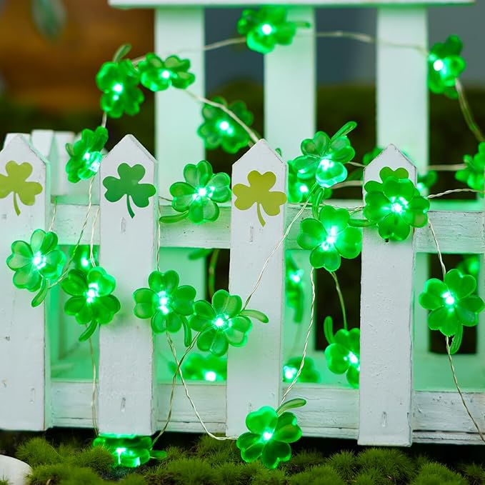 BOHON St Patricks Day Decorations Shamrocks String Lights Battery Operated with Remote 10 ft 40 LEDs Lucky Clover Green Lights for Bedroom Party Feast of Saint St. Patrick's Day Decoration
