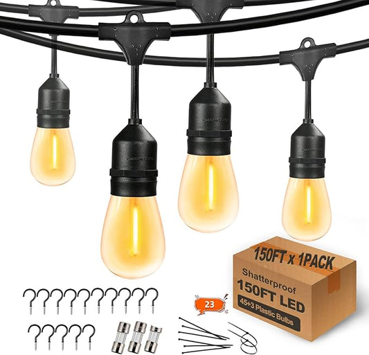 150 FT Outdoor String Lights for Outside Black with 48pcs Replaceable S14 Edison Lights 2200K, Weatherproof for Patio Pergola Gazebo Backyard, 1-Pack, Hooks and Zip Ties Included, Connectable