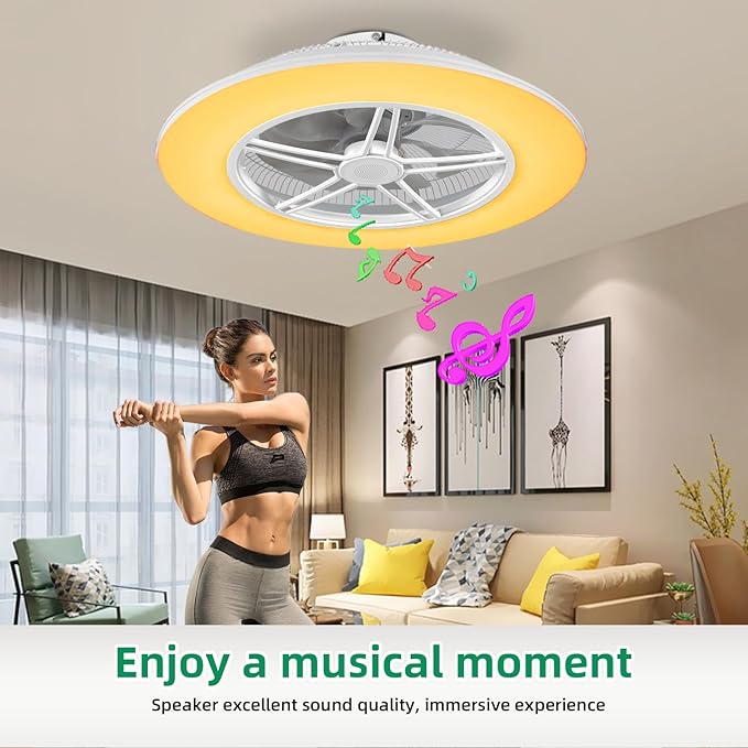 Low Profile Ceiling Fan with Light, Enclosed Bladeless Ceiling Fan, Bluetooth Speaker, 6 Speeds Reversible, Stepless Dimming, Smart Flush Mount Ceiling Light for Bedroom, Kids Room and Living Room 22"