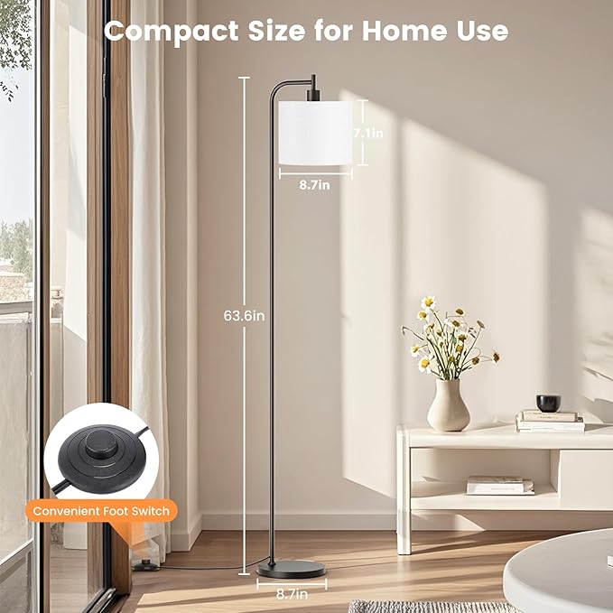Floor Lamp with Linen Shade, Dimmable Tall Standing Lamp with Remote Control & 3 Color Temperatures, Modern Corner Floor Lamps for Living Room Bedroom Office, 9W LED Bulb Included