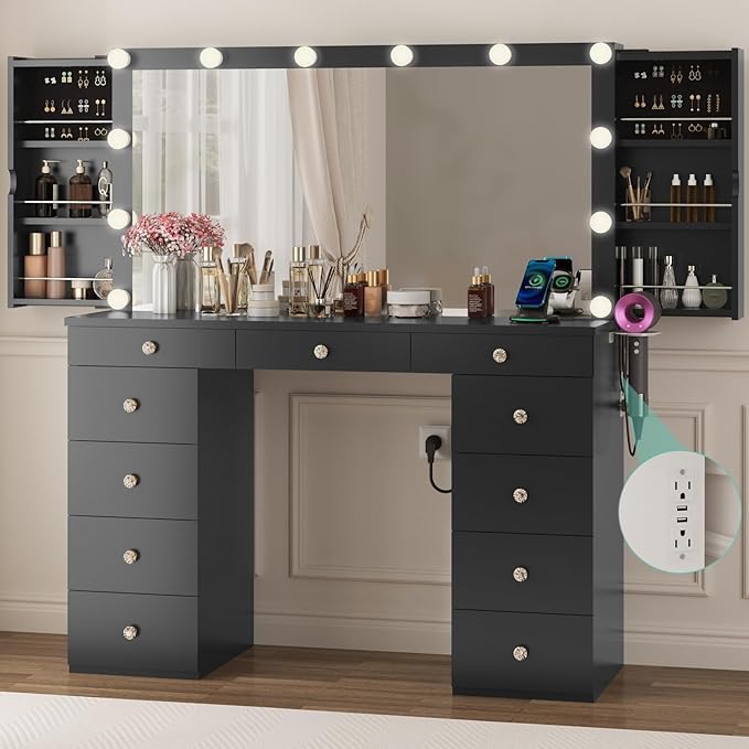 Likein Vanity Desk with Mirror and Lights,Black Vanity with Jewelry Storage Cabinet,Makeup Dressing Table for Bedroom with 11 Drawers, Power Strip, Crystal Knobs,3 Color Lighting Modes for Women,Girls