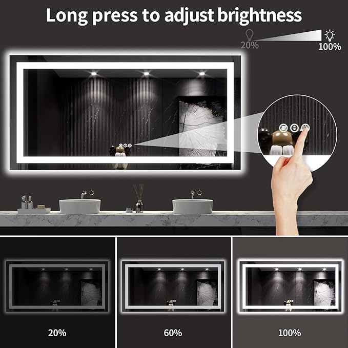 LOAAO 66"X40" LED Mirror for Bathroom, Lighted Bathroom Mirror with Lights, Anti-Fog, Dimmable, Memory Function, Easy to Install, Clear Reflection