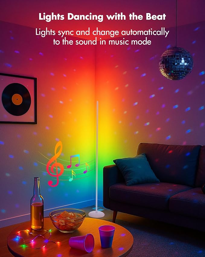 Corner Floor Lamp Silver, Smart RGB LED Corner Lamp with App & Remote, Modern Floor Lamp for Living Room, Bedroom, Color Changing Standing Lamps with 16 Million Colors, Scene Modes, Music Sync
