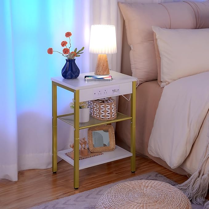 HOOBRO End Table with Charging Station and USB Ports, 3-Tier Nightstand with Adjustable Shelves, Small Side Table for Small Space in Living Room, Bedroom and Balcony, White and Gold DW112BZ01G1