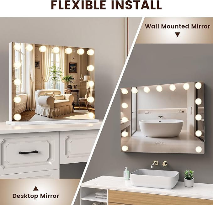 VESAUR Hollywood Vanity Mirror with 10X15X Magnification and Lights, 23"x18" Makeup Mirror with 15 Dimmable LED Bulbs, 3 Color Modes, USB/Type-C Port, Aluminum Frame, Tabletop & Wall Mount for Bedroom