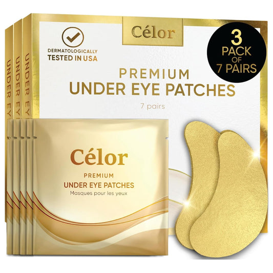 CÃLOR Under Eye Patches Premium - Golden Under Eye Mask Enriched with Hyaluronic Acid, Caffeine, Tea Tree & Collagen, Under Eye Patches for Puffy Eyes, Dark Circles and Puffiness (21 Pairs)